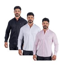 Camiseta Social Manga Longa Masculina Kit Preto Branco Azul