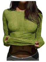 Camiseta SOLY HUX transparente com strass e manga longa verde S