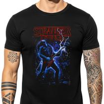 Camiseta Stranger Things Eddie Munson Rock Vintage Algodão Preta Camiseta Stranger Things Eddie Munson Rock Vintage Algodão Preta