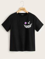 Camiseta Street Wear Preta Estampa Sorriso Malvado Branco 100% Algodão Linha Premium