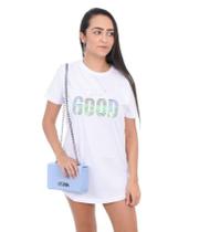 Camiseta Swag Vestido Algodão Dgn Good Focus On The Branca Lantejoulas Azuladas