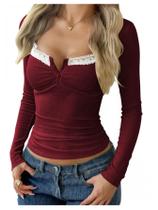 Camiseta SweatyRocks Y2K de manga comprida com acabamento em renda cor de vinho para mulher Camiseta SweatyRocks Y2K de manga comprida com acabamento em renda cor de vinho para mulher