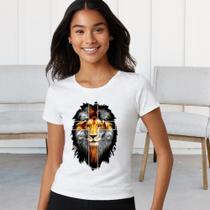 Camiseta T-shirt Baby Look Feminina Basica Casual Leão de juda cruz moda Evangelica Malha algodão