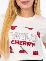 Camiseta T-Shirt Baby Look Feminina Wild Cherry Stras 100% Algodão Cor: Off Moda Cherry