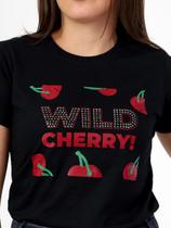 Camiseta T-Shirt Baby Look Feminina Wild Cherry Stras 100% Algodão Cor: Preta Moda Cerejas - Gilfer Variedades