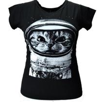 Camiseta T-shirt Babylook Feminina Estampada Gato Astronauta - Safira Rocks