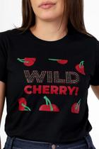 Camiseta T-Shirt Blusa Feminina Cherry Stras 100% Algodão Cor: Preta Moda Cerejas