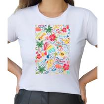 Camiseta T Shirt Branco Feminina Estampa Tropical Energia Positiva