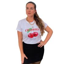 Camiseta T Shirt Branco Feminina Tendencia Cerejas Estampa Exclusiva