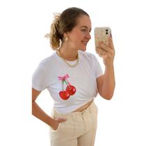 Camiseta T Shirt Branco Feminina Tendencia Cerejas Minimalista