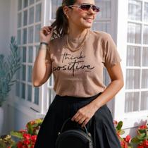 Camiseta T-Shirt Feminina Estonada Marrom Think Positive Camiseta T-Shirt Feminina Estonada Marrom Think Positive