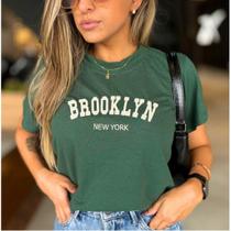 Camiseta t-shirt feminina premium 100% algodão brooklyn bordado com gola em ribana