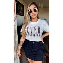 Camiseta t-shirt feminina premium 100% algodão over bordado com gola em ribana