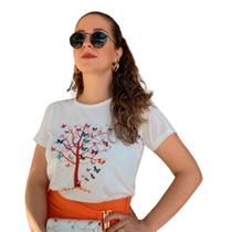 Camiseta T Shirt Off White Feminina Arvore e Borboletas