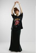 Camiseta t-shirt oversized feminina vintage rock tongue fire preta - jayjam rockwear