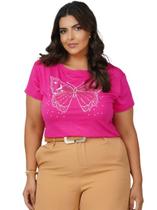Camiseta T-shirt Plus Size Estampado Borboleta Lua e Sol Cor Rosa Pink Tamanho GG