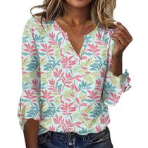 Camiseta TBILILO com babados, manga 3/4, decote em V, feminina, rosa S Camiseta TBILILO com babados, manga 3/4, decote em V, feminina, rosa S