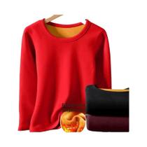 Camiseta Térmica Feminina Forrada Com Fleece, Gola Redonda, Camada Base Para Outono/Inverno, Blusa