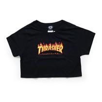 Camiseta Thrasher Feminino Cropped Flame Logo Preto