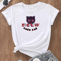 Camiseta Tshirt Feminina Blusa Estampada Cat Gato Cores Algodão