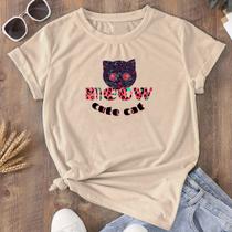 Camiseta Tshirt Feminina Blusa Estampada Cat Gato Cores Algodão