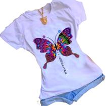 Camiseta Tshirt Feminina Sublimada Desenho Borboleta Colorida Com Aplicação De Pedraria