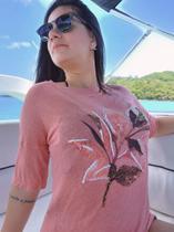 Camiseta TShirt Me Floral Bordada Manga Cotovelo Viscolinho