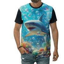 Camiseta Tubarão No Fundo Do Mar Oceano Bolhas Alga Marinha