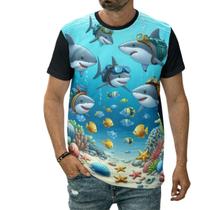 Camiseta Tubarões No Fundo Do Mar Oceano Arte Divertida Camiseta Tubarões No Fundo Do Mar Oceano Arte Divertida