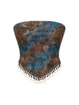 Camiseta tubular feminina BEAUDRM Boho Fringe com estampa paisley azul/marrom Camiseta tubular feminina BEAUDRM Boho Fringe com estampa paisley azul/marrom