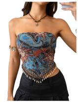 Camiseta tubular feminina BEAUDRM, com franja boho, estampa paisley, marrom