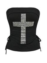 Camiseta tubular WDIRARA Goth Punk Cross Studed feminina preta Camiseta tubular WDIRARA Goth Punk Cross Studed feminina preta