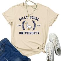Camiseta Tuislay Funny Silly Goose University para mulheres com damasco Camiseta Tuislay Funny Silly Goose University para mulheres com damasco