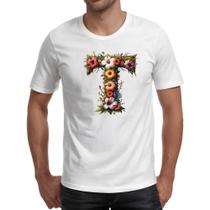 Camiseta Unissex Alfabeto Floral Letra T Camiseta Unissex Alfabeto Floral Letra T