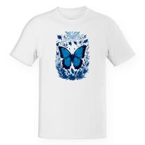 Camiseta Unissex Borboleta azul com flores e folhas