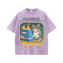 Camiseta Unissex De Algodão Macio E Respirável Com Estampa De Gato Jogando Jogos De Computador,