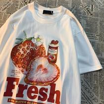 Camiseta Unissex De Manga Curta Com Estampa Retrô De Morango Fresco Na Moda Solta Versátil Camisa De