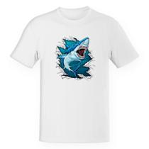 Camiseta Unissex Divertida Megalodon Rasgando a Camisa