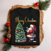 Camiseta Unissex Feliz Natal Papai Noel, Árvore e Hena Personalizada Natal