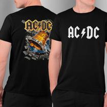 Camiseta Unissex Frente Verso Banda AC DC Hells Bell Rock Or Bust 100% Algodão Premium