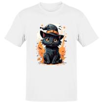 Camiseta Unissex Halloween Cute Gato Preto Bruxo