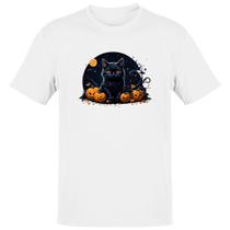 Camiseta Unissex Halloween Gato Preto Aboboras