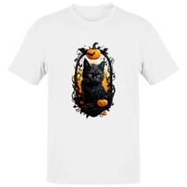 Camiseta Unissex Halloween Gato Preto Espelho Macabro