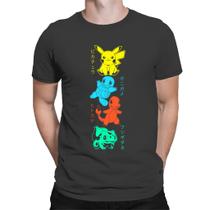 Camiseta Unissex Pokémon Pikachu, Charmander, Squirtle e Bulbasaur