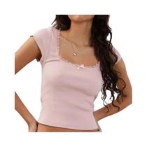 Camiseta Vintage Branca Y2K Com Decote Quadrado E Detalhes Em Renda, Top Cropped Tricotado Para Camiseta Vintage Branca Y2K Com Decote Quadrado E Detalhes Em Renda, Top Cropped Tricotado Para