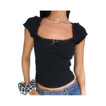 Camiseta Vintage Branca Y2K Com Decote Quadrado E Detalhes Em Renda, Top Cropped Tricotado Para Camiseta Vintage Branca Y2K Com Decote Quadrado E Detalhes Em Renda, Top Cropped Tricotado Para
