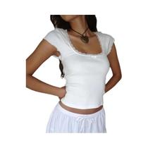 Camiseta Vintage Branca Y2K Com Decote Quadrado E Detalhes Em Renda, Top Cropped Tricotado Para