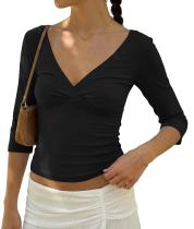 Camiseta vintage feminina Crop Top BAIGRAM de manga 3/4 com decote em V franzido