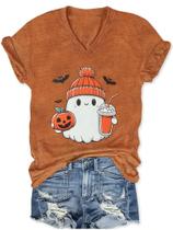 Camiseta XMNDS Halloween Ghost Pumpkin com decote em V marrom L