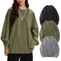 Camiseta Yimoon Oversize Acid Wash de algodão de manga comprida feminina